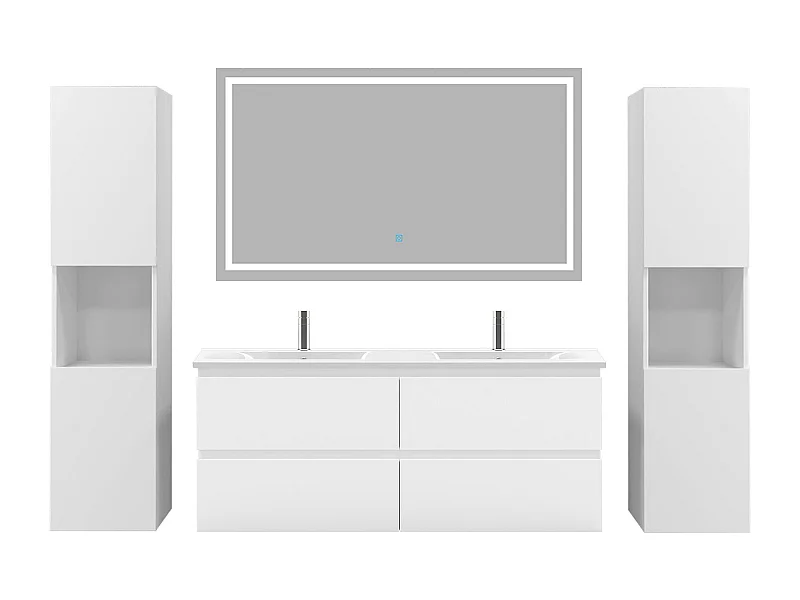 AICA Ensemble de meubles de salle de bain 120cm avec vasque céramique + deux meubles hauts + miroir lumineux,Suspendu,Matte,Blanc