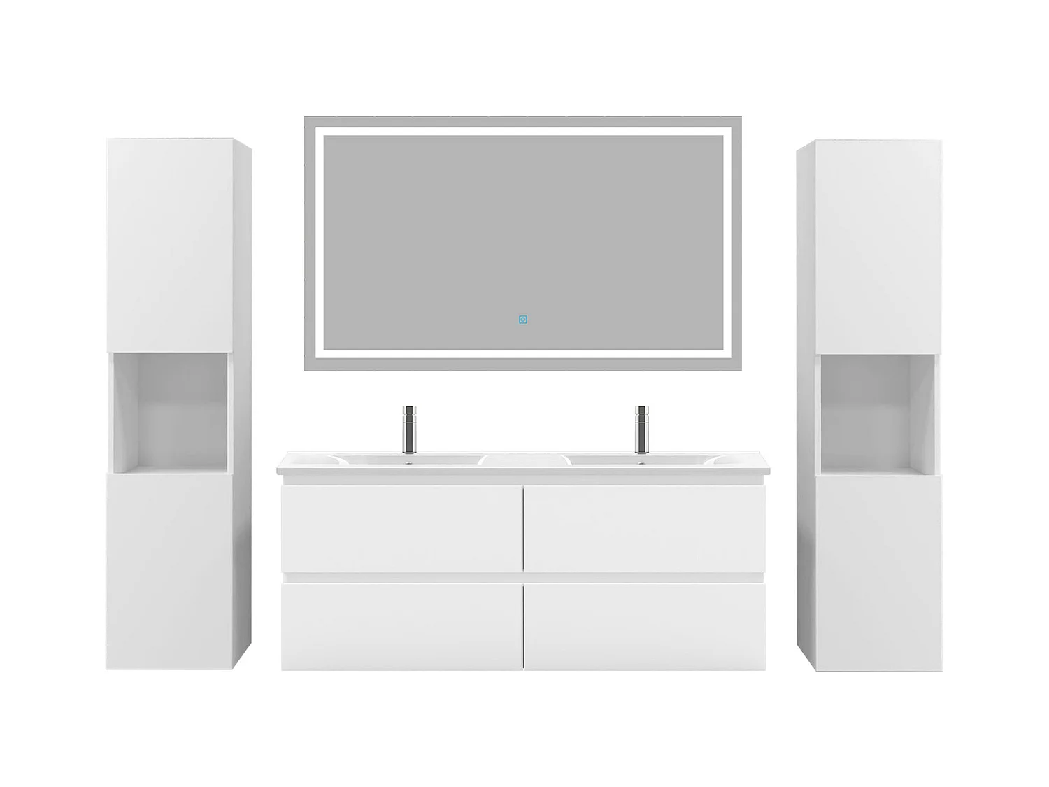 AICA Ensemble de meubles de salle de bain 120cm avec vasque céramique + deux meubles hauts + miroir lumineux,Suspendu,Matte,Blanc