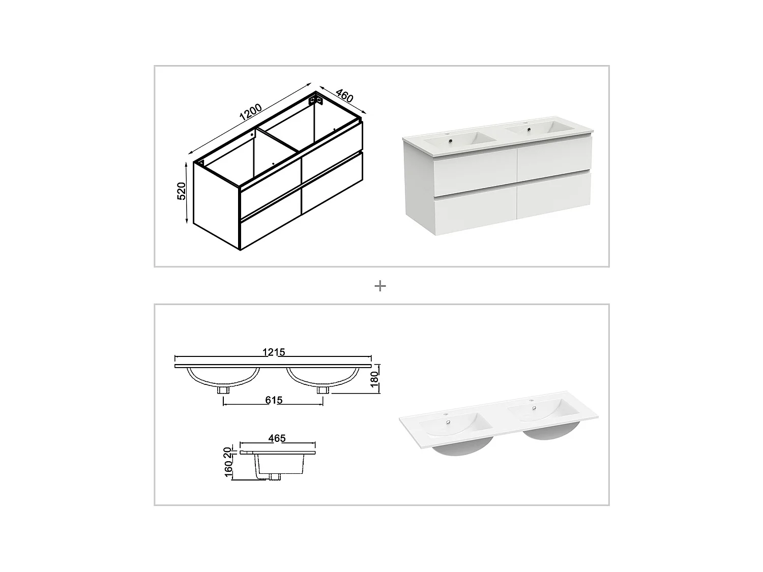 AICA Ensemble de meubles de salle de bain 120cm avec vasque céramique + deux meubles hauts + miroir lumineux,Suspendu,Matte,Blanc