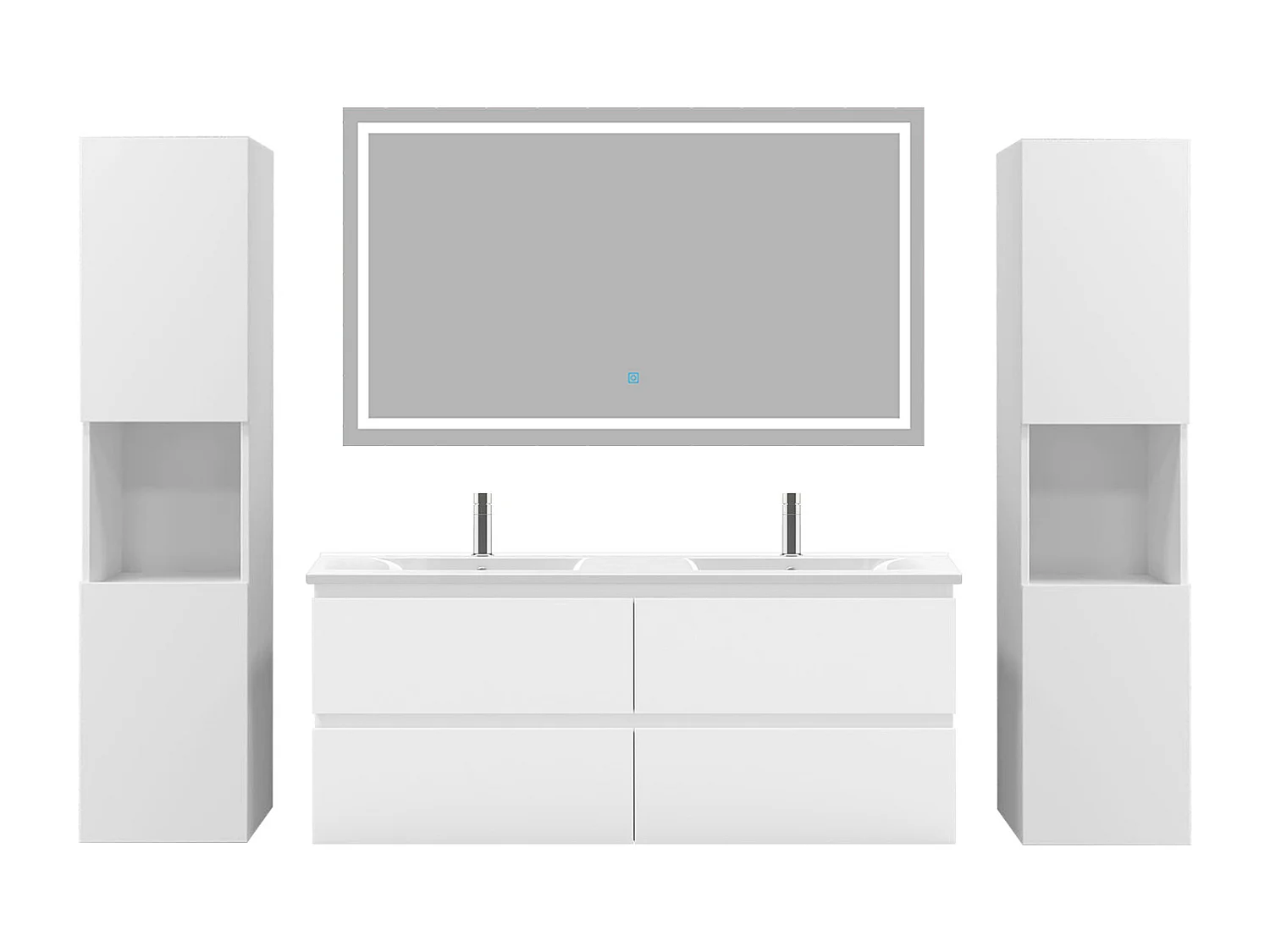 AICA Ensemble de meubles de salle de bain 120cm avec vasque céramique + deux meubles hauts + miroir lumineux,Suspendu,Matte,Blanc