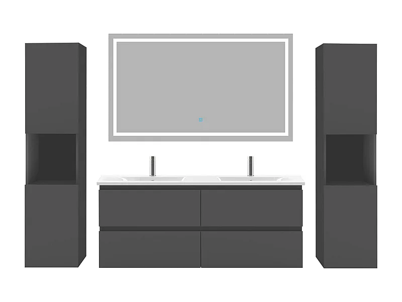 AICA Ensemble de meubles de salle de bain 120cm avec vasque céramique + deux meubles hauts + miroir lumineux,Suspendu,Matte,Anthracite