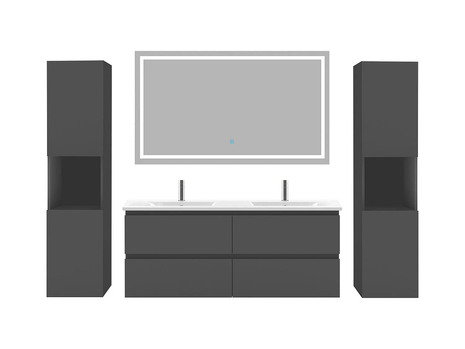 AICA Ensemble de meubles de salle de bain 120cm avec vasque céramique + deux meubles hauts + miroir lumineux,Suspendu,Matte,Anthracite