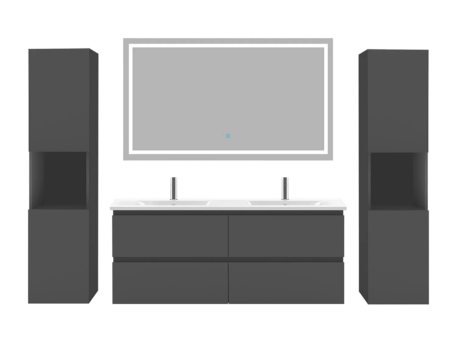 AICA Ensemble de meubles de salle de bain 120cm avec vasque céramique + deux meubles hauts + miroir lumineux,Suspendu,Matte,Anthracite