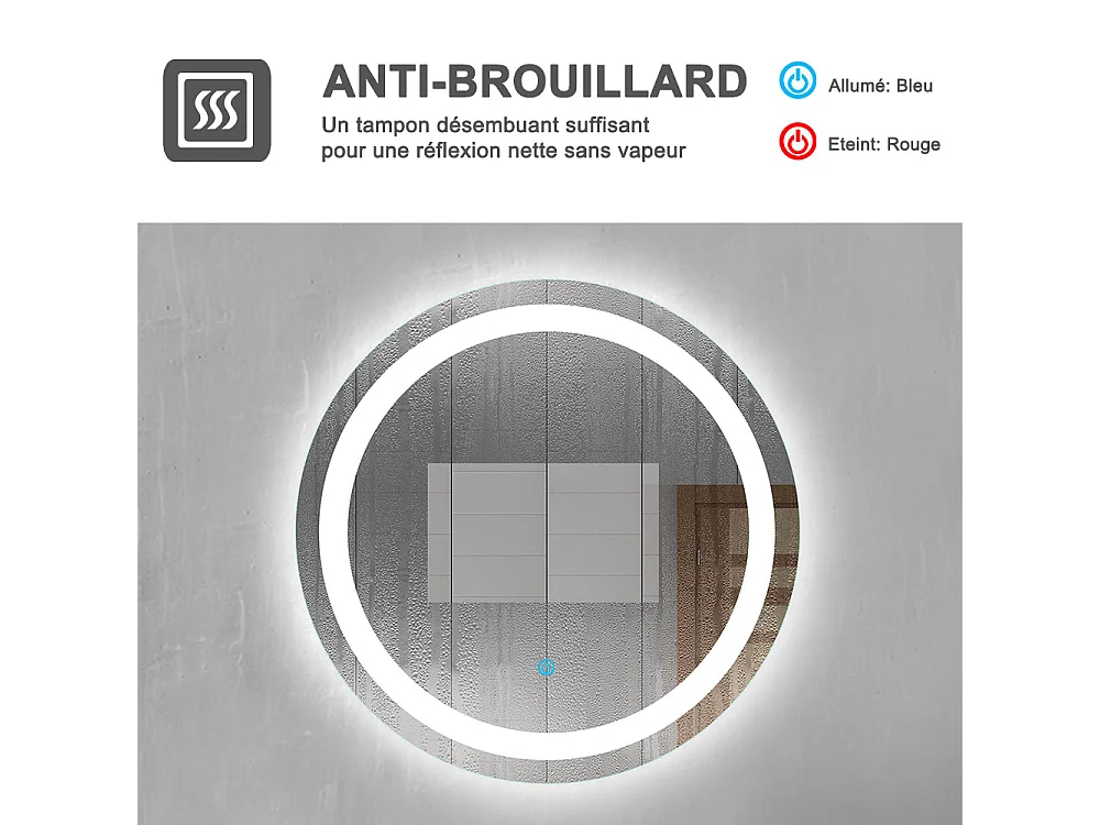 AICA Miroir avec Éclairage Rond 60cm  Anti-buée, Dimmable, Fonction Mémoire, Arrêt Automatique en 1h, IP44 HD Verre Trempé Vertical Miroir-LED