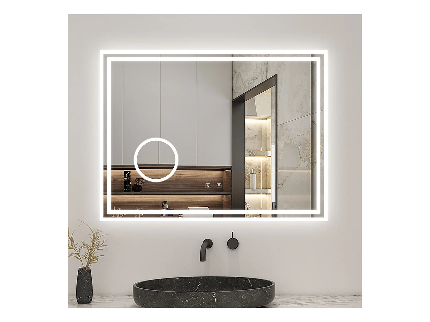 AICA Miroir Bluetooth 80x60cm LED Tricolore + Dimmable + 3x Loupe + Mémoire + Anti-Buée, IP44 HD Verre Miroir-Mural