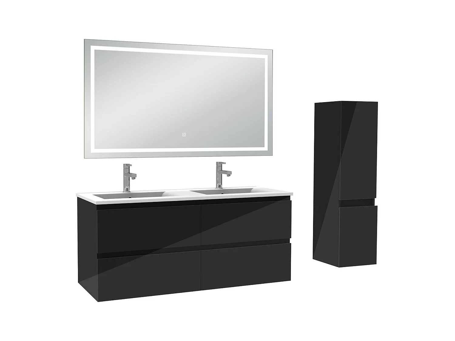 AICA Ensemble de meubles de salle de bain 120cm Vasque céramique + meuble  haut + miroir lumineux tricolore, Suspendu, Brillance, Noir