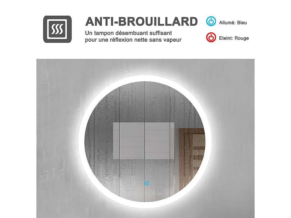 AICA Miroir avec Éclairage Rond 60cm  Avec Anti-buée, Dimmable, Fonction Mémoire, Arrêt automatique, IP44 HD Verre Trempé Vertical Miroir-LED