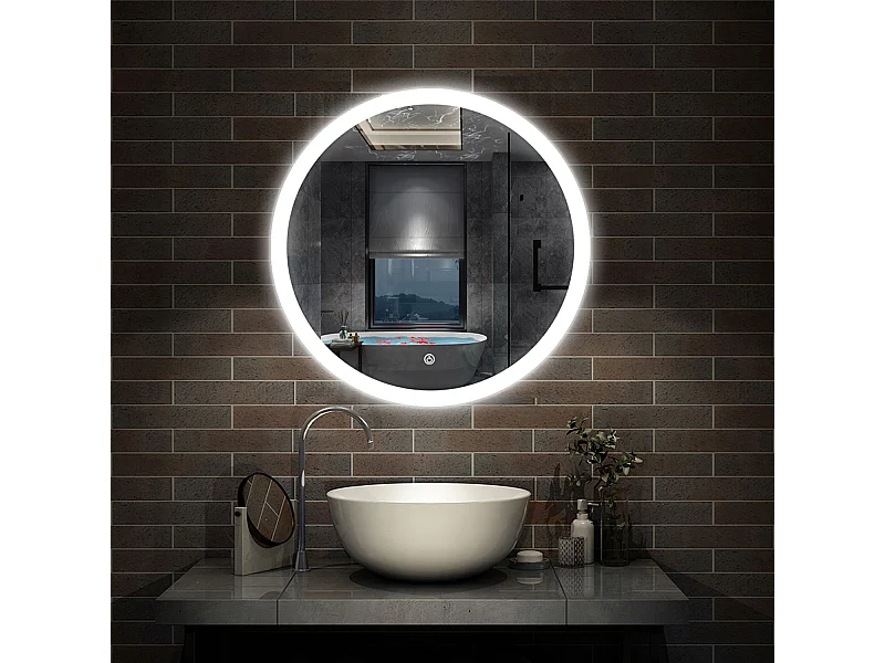 AICA Miroir avec Éclairage Rond 60cm  Avec Anti-buée, Dimmable, Fonction Mémoire, Arrêt automatique, IP44 HD Verre Trempé Vertical Miroir-LED