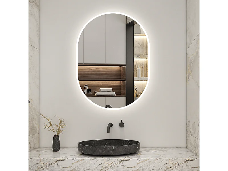AICA Miroir Ovale LED 60x80cm Tricolore + Dimmable + Mémoire + Anti-Buée, IP44 HD Verre Miroir-Mural