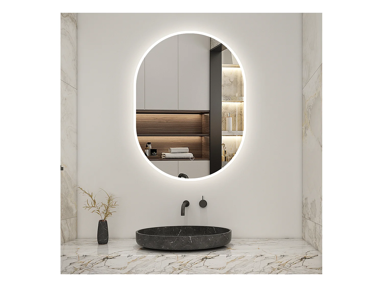 AICA Miroir Ovale LED 60x80cm Tricolore + Dimmable + Mémoire + Anti-Buée, IP44 HD Verre Miroir-Mural