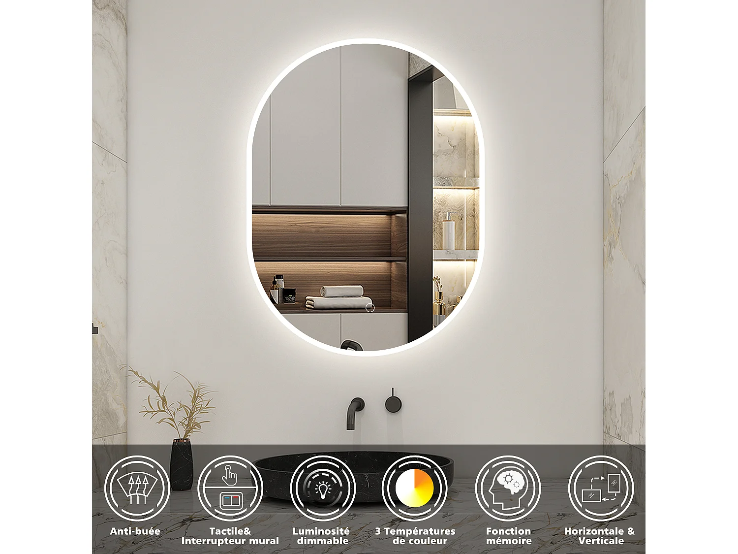 AICA Miroir Ovale LED 60x80cm Tricolore + Dimmable + Mémoire + Anti-Buée, IP44 HD Verre Miroir-Mural