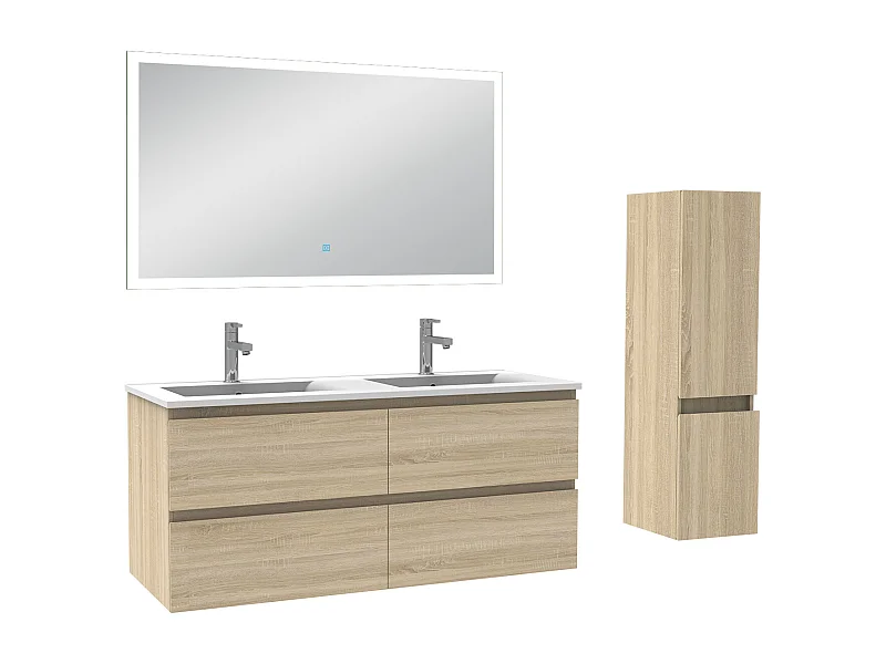 AICA Ensemble de meubles de salle de bain 120cm avec vasque et colonne et miroir lumineux 3 couleurs Chêne Wotan