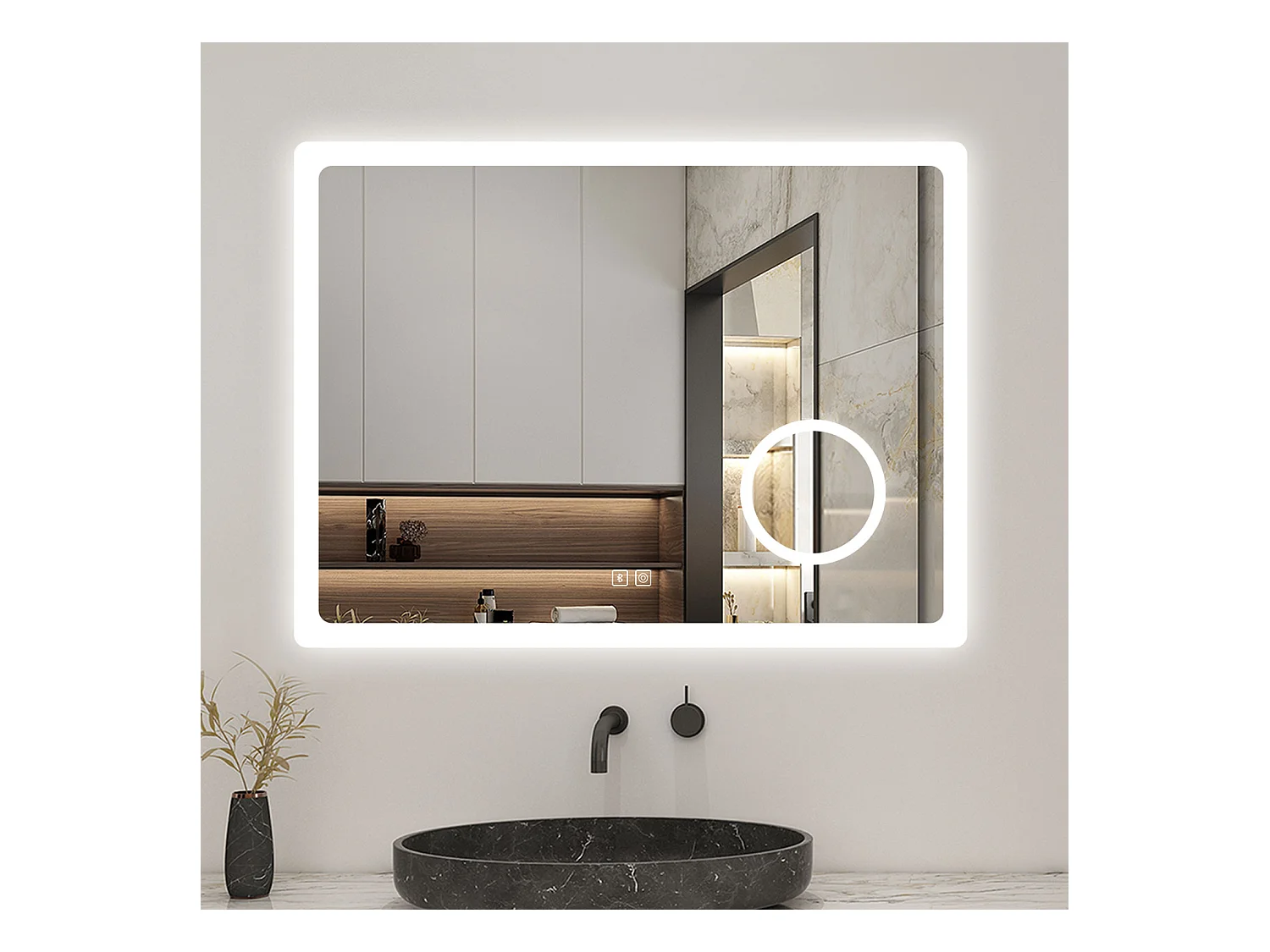 AICA Miroir 80x60cm Bluetooth simple，Loupe,Dimmable avec 3 couleurs,Miroir lumineux avec Anti-Buée et Mémoire
