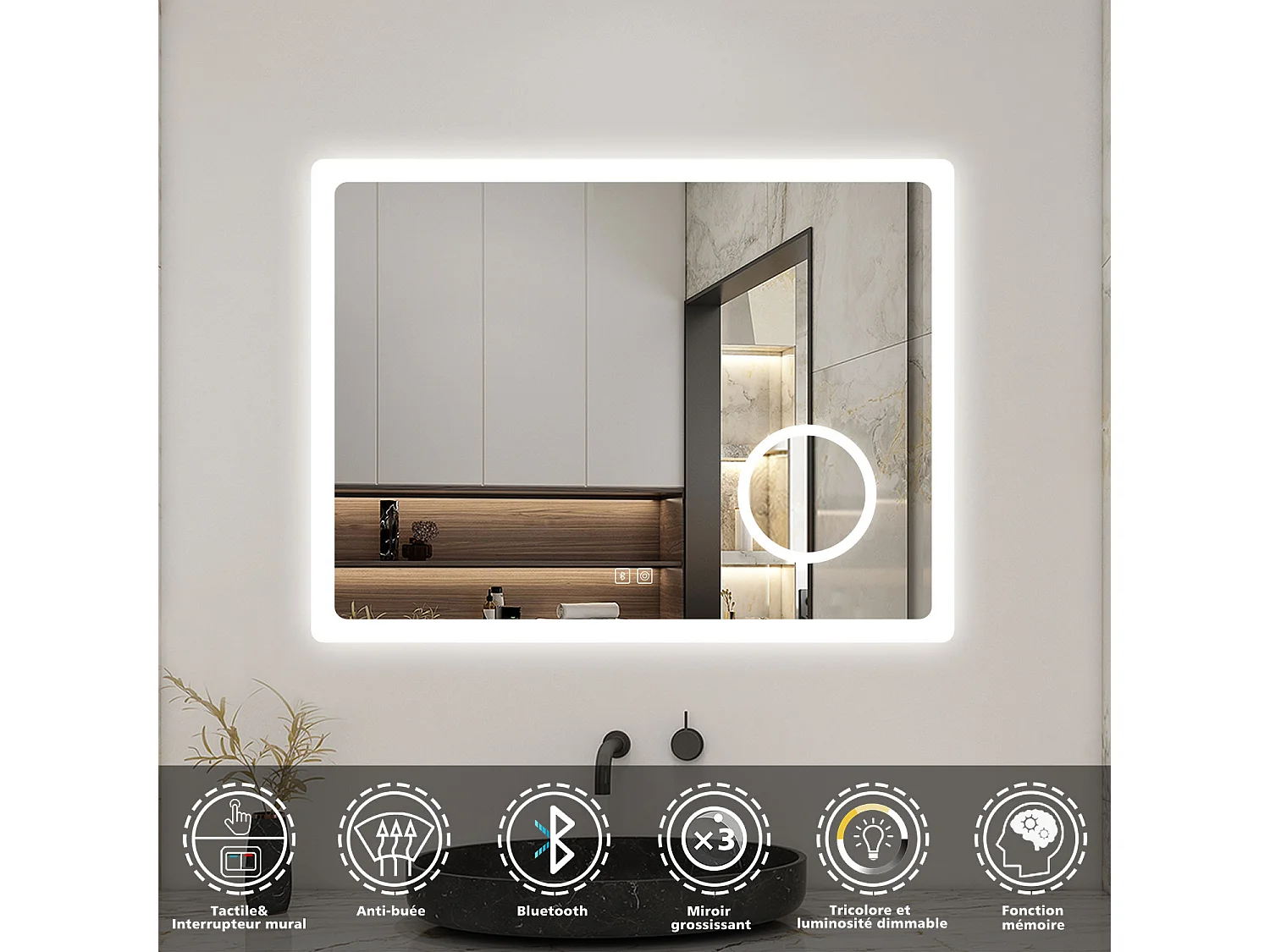 AICA Miroir 80x60cm Bluetooth simple，Loupe,Dimmable avec 3 couleurs,Miroir lumineux avec Anti-Buée et Mémoire