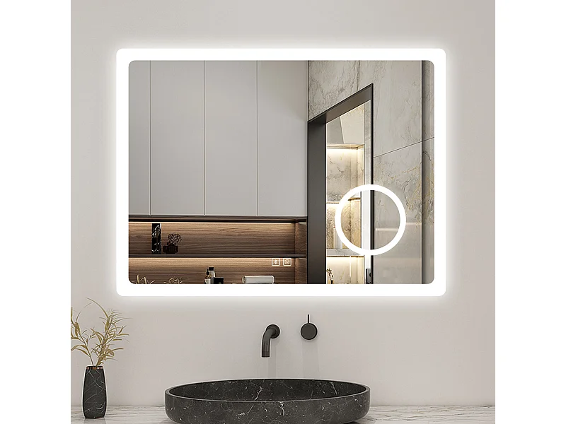 AICA Miroir 80x60cm Bluetooth simple，Loupe,Dimmable avec 3 couleurs,Miroir lumineux avec Anti-Buée et Mémoire