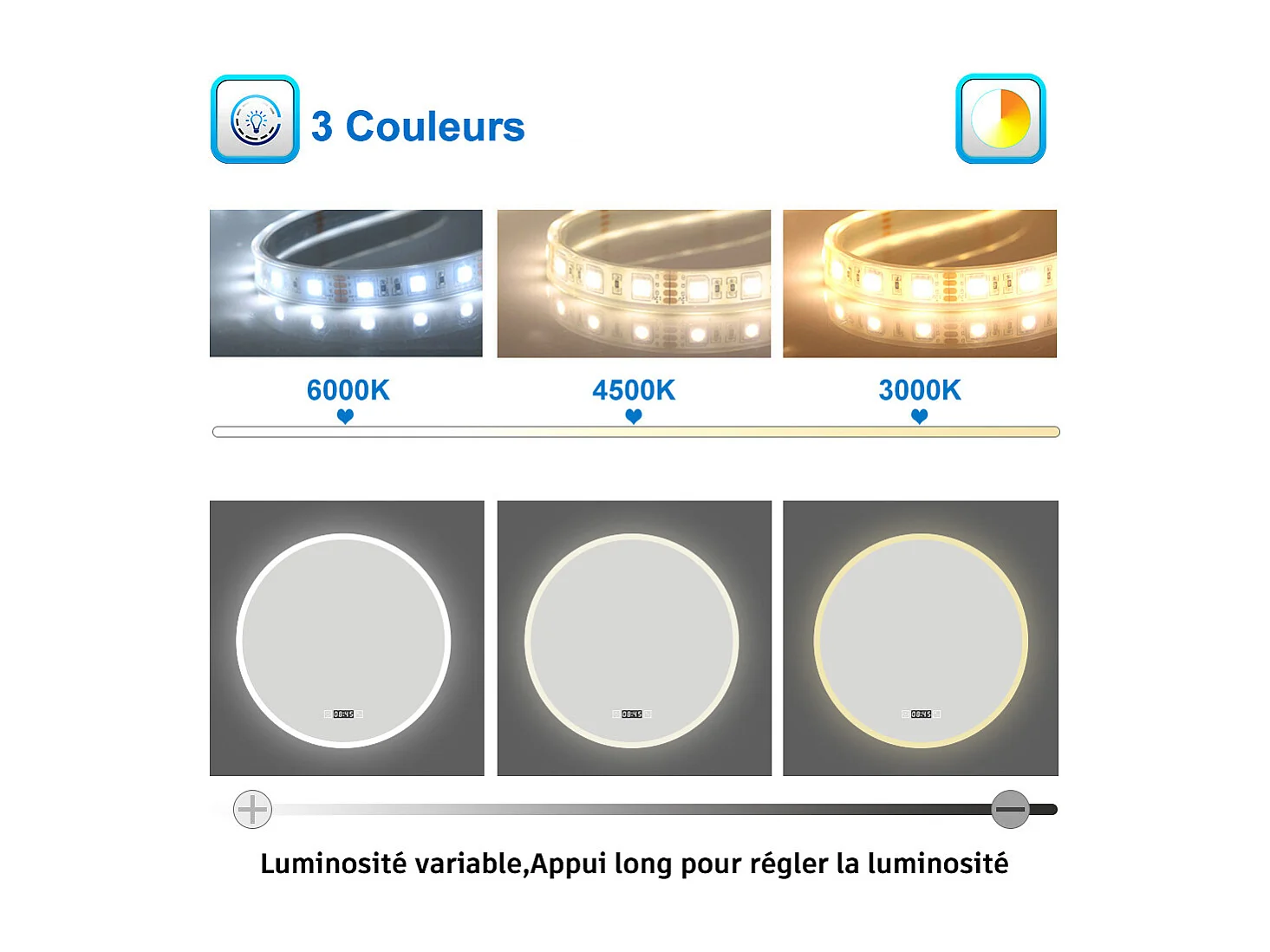 AICA Miroir LED Rond 60cm Tricolore + Dimmable + Horloge + Fonction Mémoire + Anti-Buée