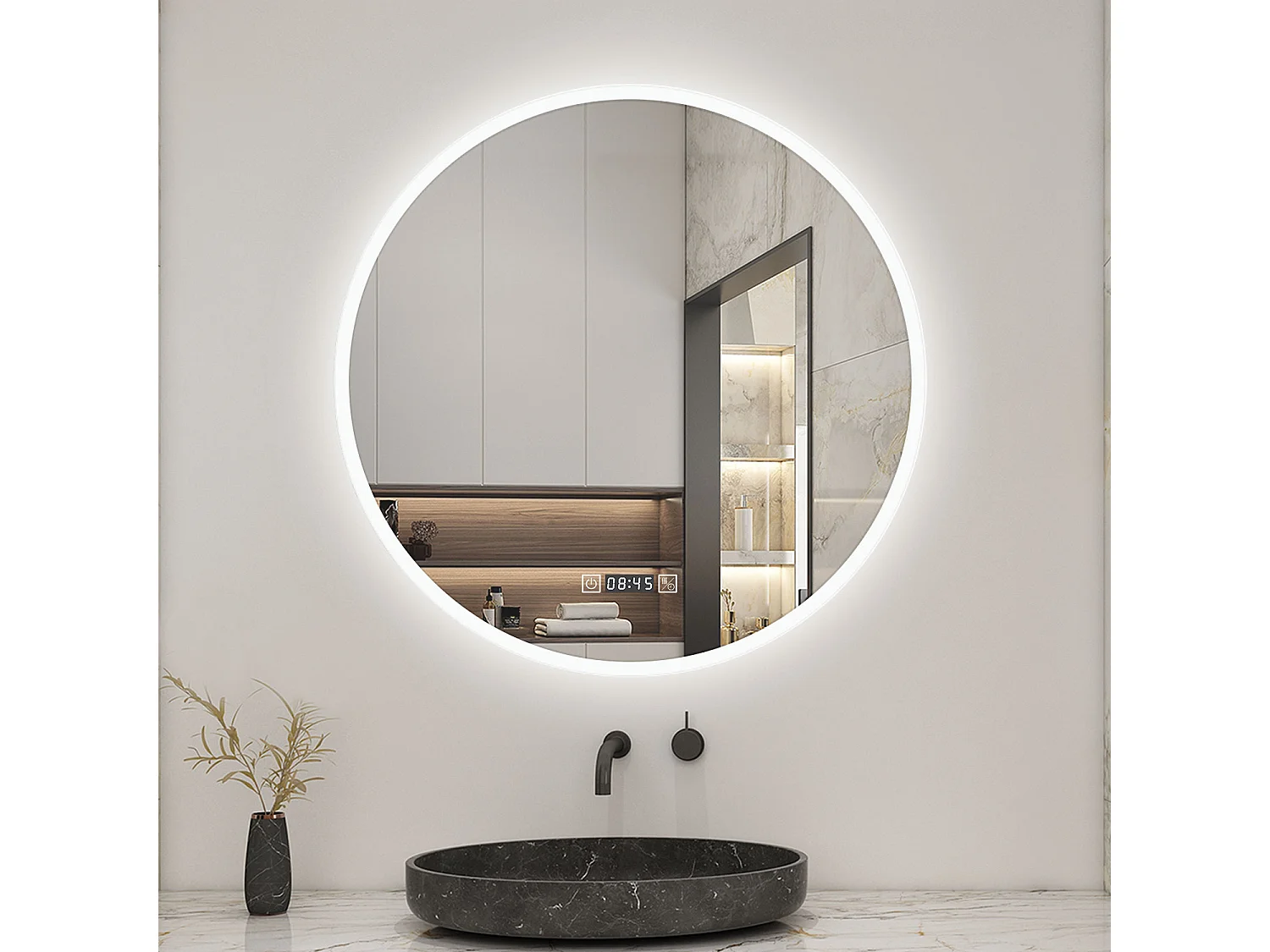 AICA Miroir LED Rond 60cm Tricolore + Dimmable + Horloge + Fonction Mémoire + Anti-Buée