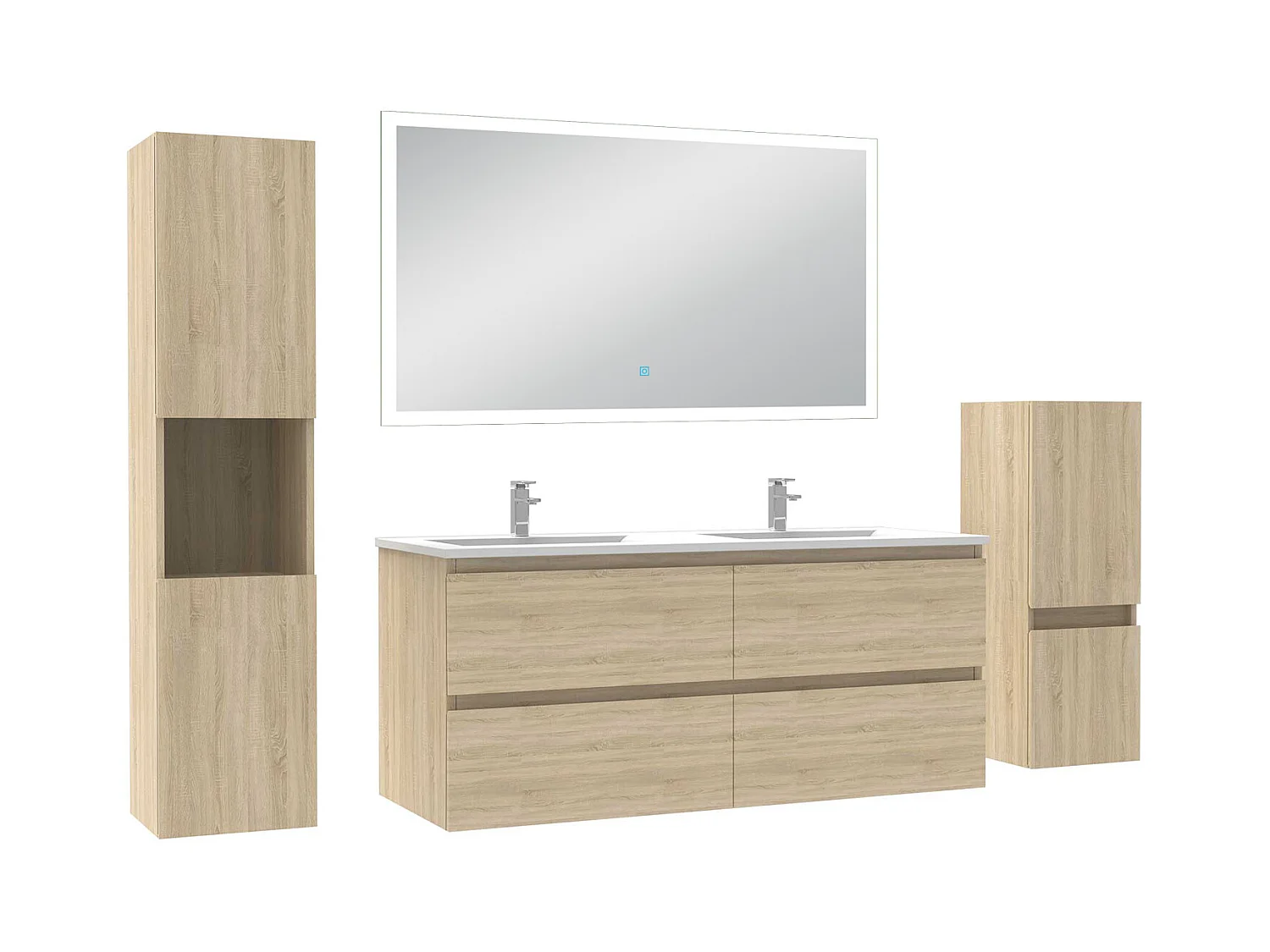 AICA Ensemble de meubles de salle de bain 120cm avec double vasque et colonne et miroir lumineux 3 couleurs + Dimmable Chêne Wotan