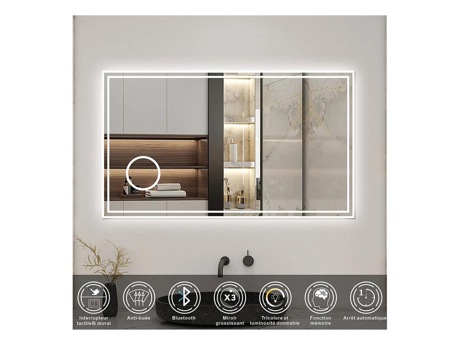 AICA Miroir Bluetooth 140x80cm LED Tricolore + Dimmable + 3x Loupe + Mémoire + Anti-Buée, IP44 HD Verre Miroir-Mural