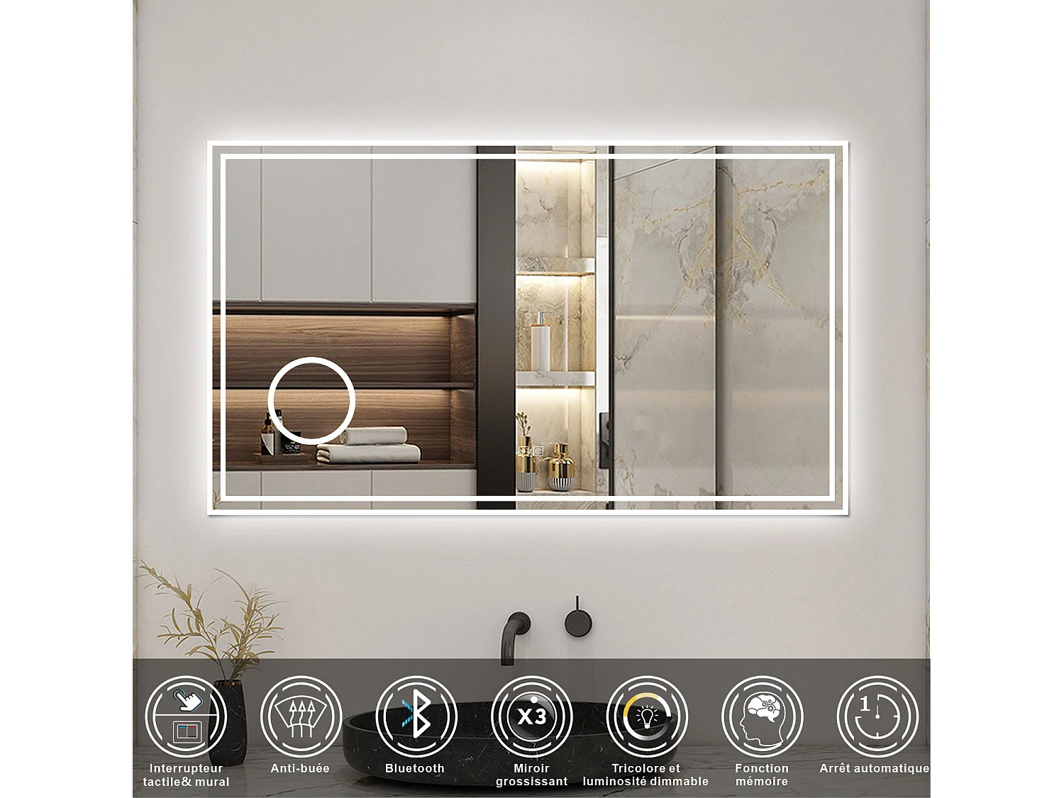 AICA Miroir Bluetooth 140x80cm LED Tricolore + Dimmable + 3x Loupe + Mémoire + Anti-Buée, IP44 HD Verre Miroir-Mural
