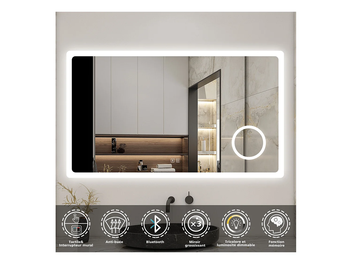 AICA Miroir 120x70cm Bluetooth simple，Loupe,Dimmable avec 3 couleurs,Miroir lumineux avec Anti-Buée et Mémoire
