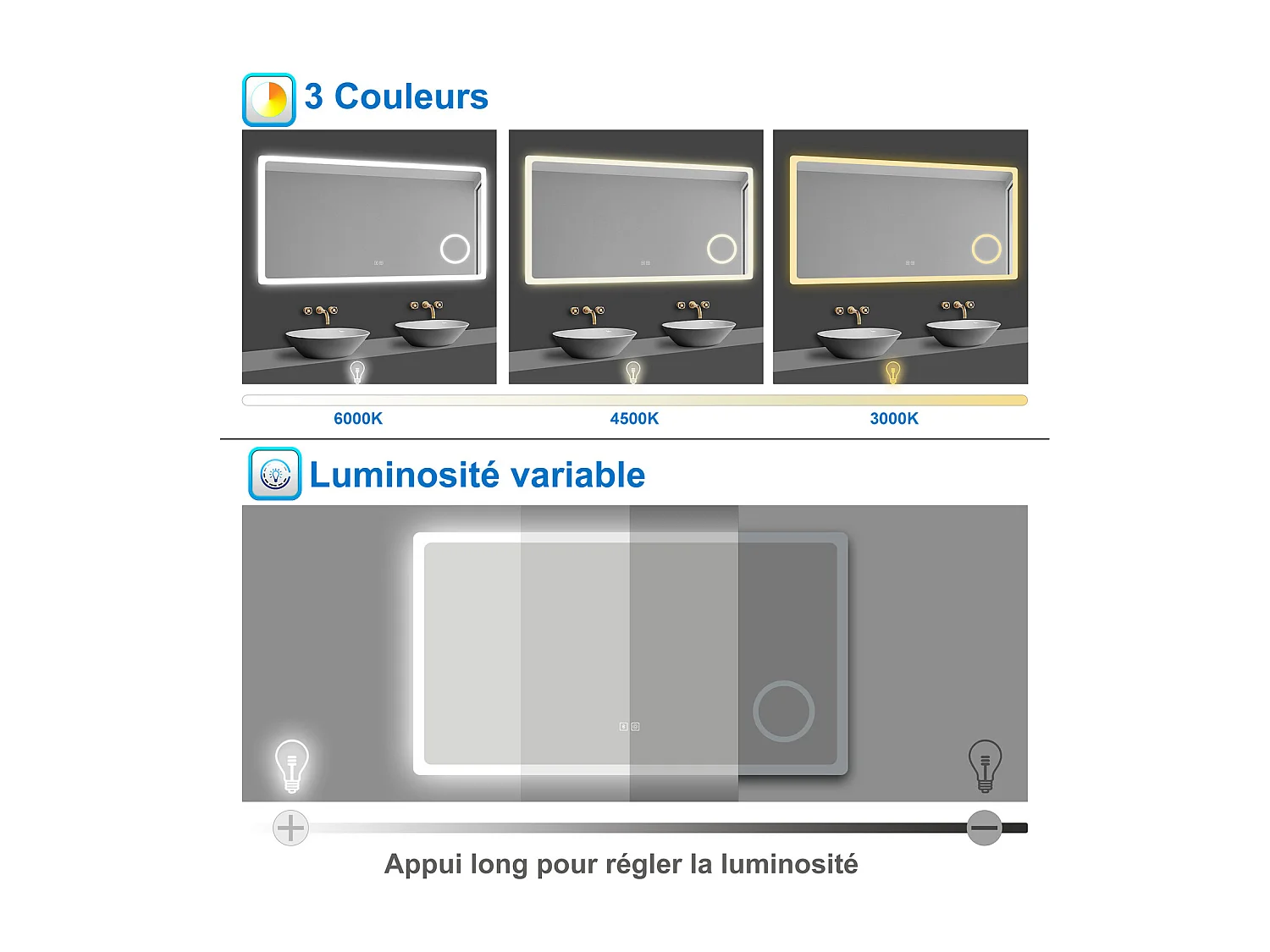 AICA Miroir 120x70cm Bluetooth simple，Loupe,Dimmable avec 3 couleurs,Miroir lumineux avec Anti-Buée et Mémoire