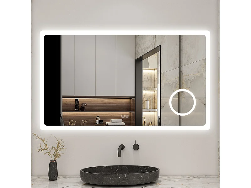 AICA Miroir 120x70cm Bluetooth simple，Loupe,Dimmable avec 3 couleurs,Miroir lumineux avec Anti-Buée et Mémoire