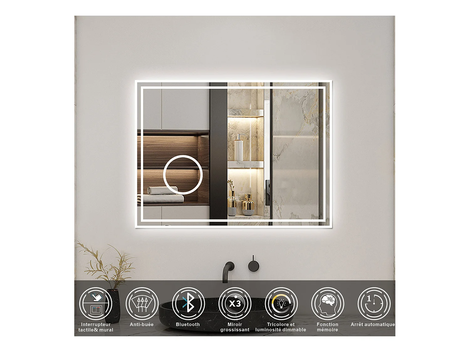 AICA Miroir Bluetooth 100x60cm LED Tricolore + Dimmable + 3x Loupe + Mémoire + Anti-Buée, IP44 HD Verre Miroir-Mural