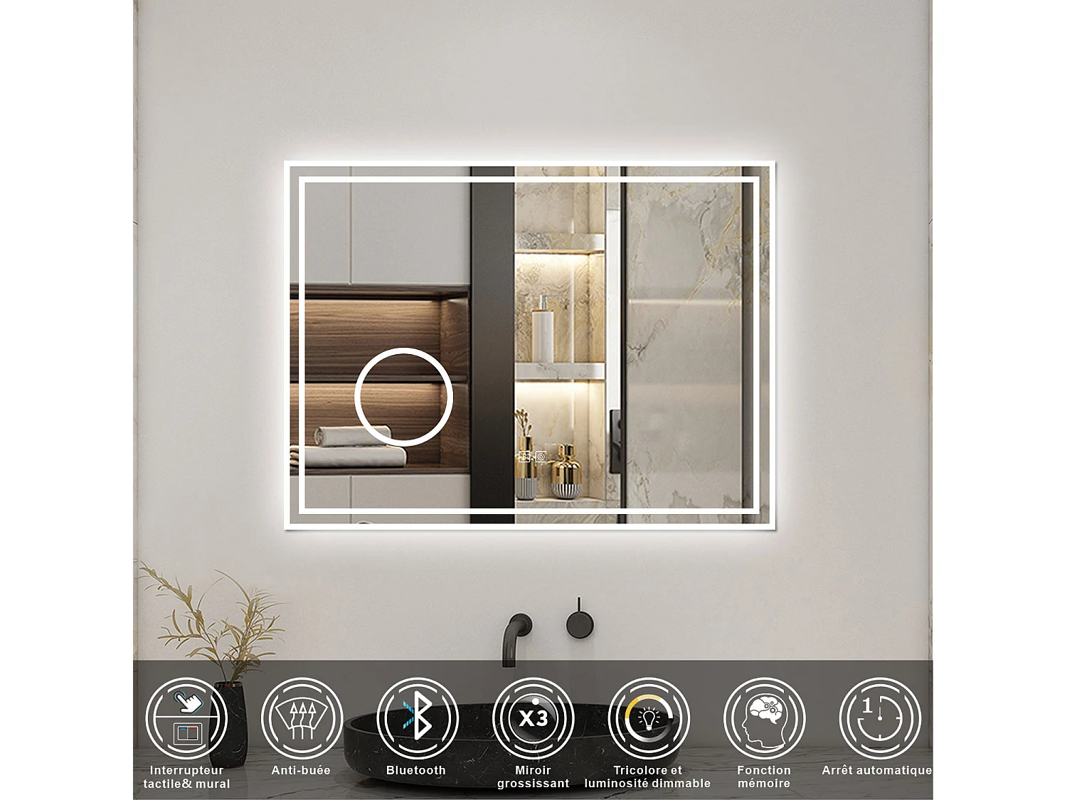 AICA Miroir Bluetooth 100x60cm LED Tricolore + Dimmable + 3x Loupe + Mémoire + Anti-Buée, IP44 HD Verre Miroir-Mural