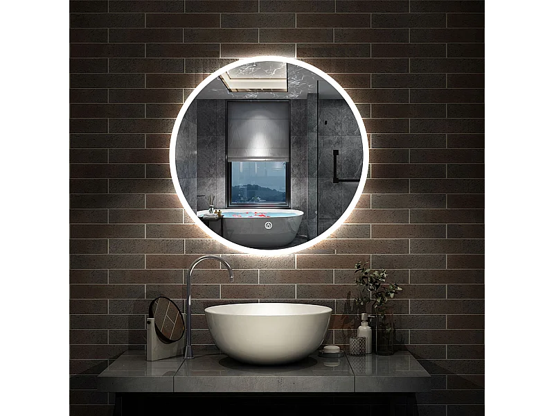 AICA Miroir avec Éclairage Rond 70cm  Anti-buée, Dimmable, Mémoire, Arrêt automatique, IP44 HD Verre Trempé Vertical Miroir-LED
