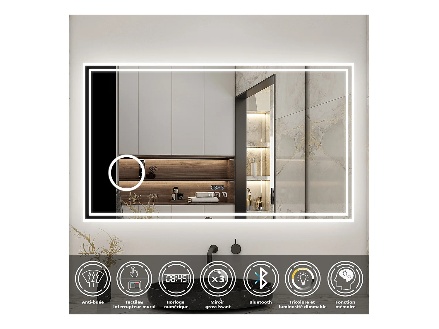 AICA Miroir LED 120x70cm 3 colours + Dimmable + 3x Loupe + Bluetooth + Horloge + Mémoire + Anti-Buée