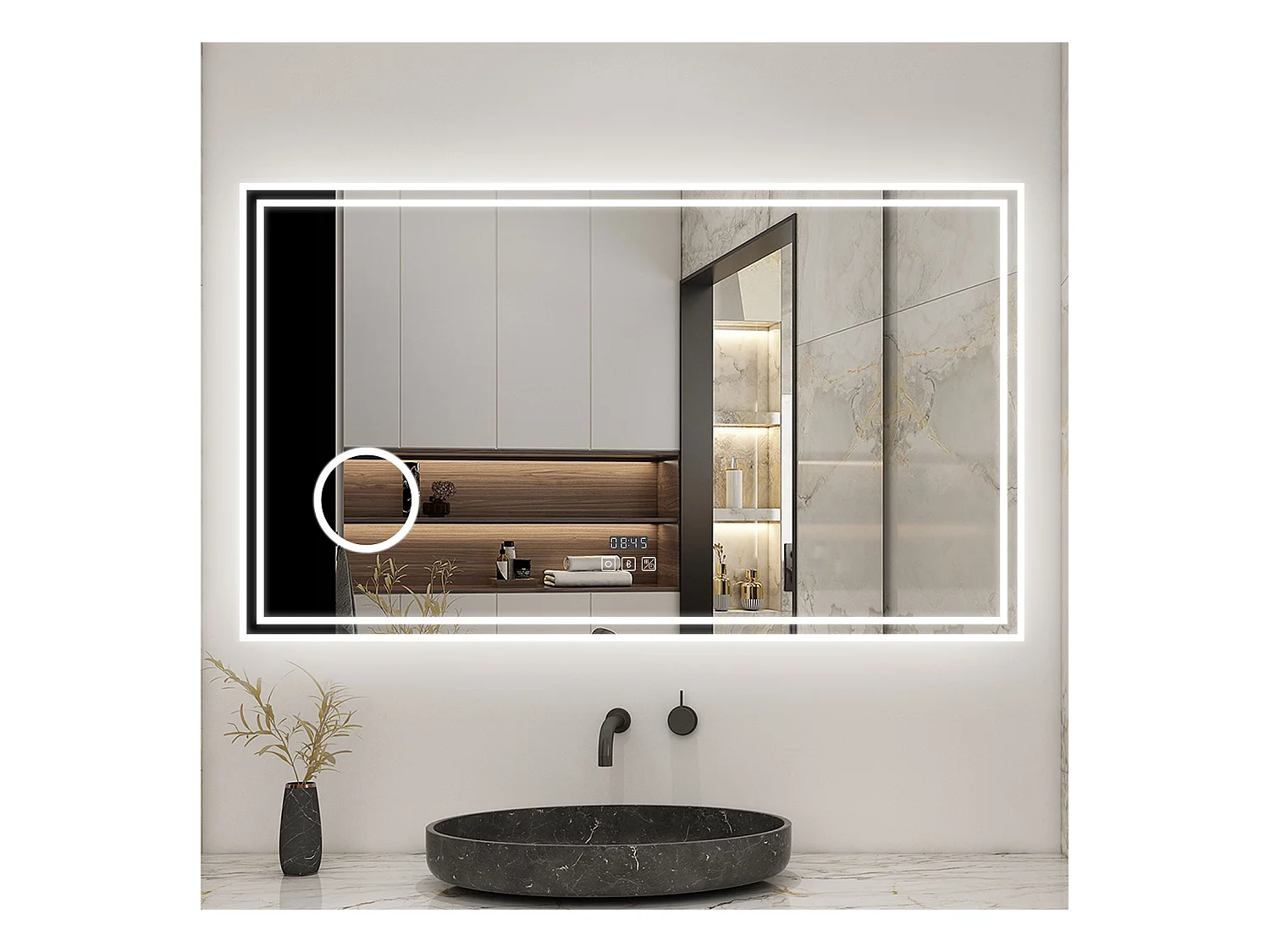 AICA Miroir LED 120x70cm 3 colours + Dimmable + 3x Loupe + Bluetooth + Horloge + Mémoire + Anti-Buée