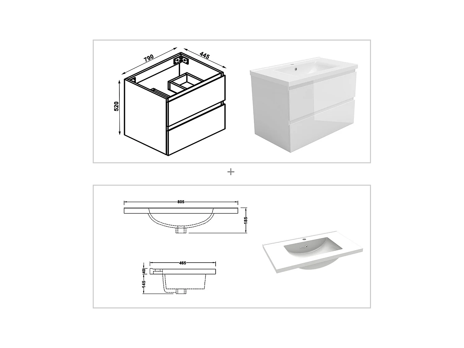 AICA Ensemble de meubles de salle de bain 80 cm avec vasque, 2 tiroirs à fermeture amortie - meuble suspendu , Brillance, Blanc