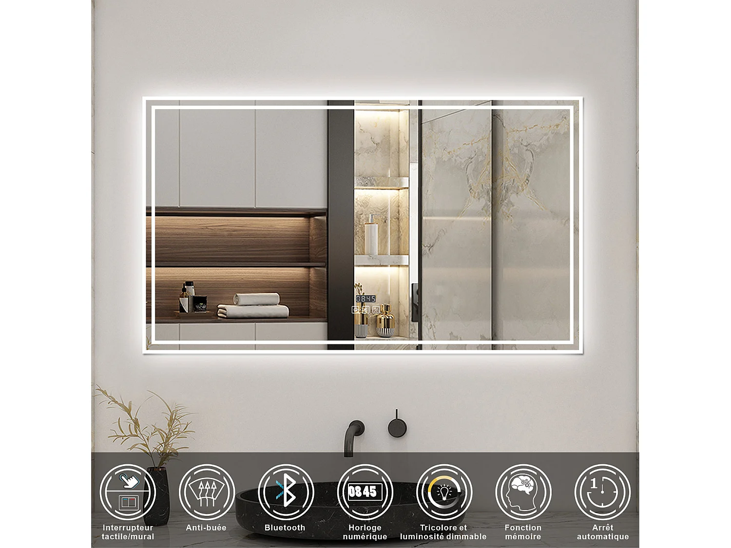 AICA Miroir Bluetooth 140x80cm LED 3 Colours + Dimmable + Horloge + Mémoire + Anti-Buée, IP44 HD Verre Miroir-Mural
