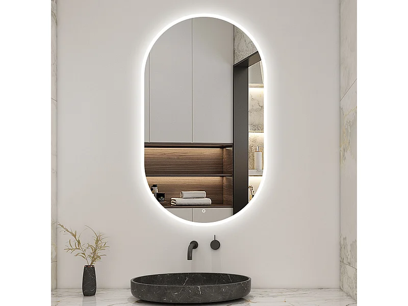 AICA Miroir Ovale LED 60x100cm Tricolore + Dimmable + Mémoire + Anti-Buée, IP44 HD Verre Miroir-Mural