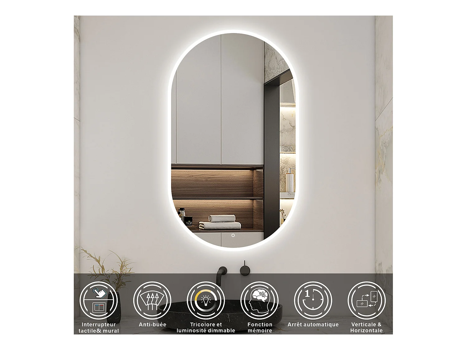 AICA Miroir Ovale LED 60x100cm Tricolore + Dimmable + Mémoire + Anti-Buée, IP44 HD Verre Miroir-Mural