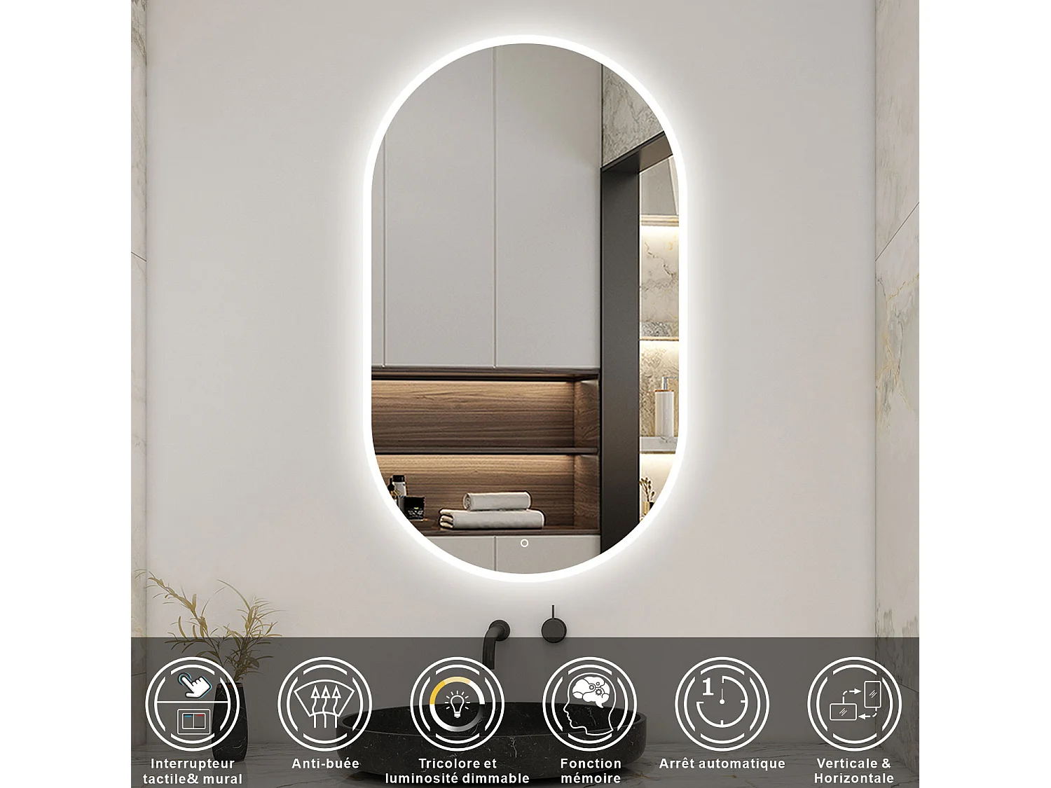 AICA Miroir Ovale LED 60x100cm Tricolore + Dimmable + Mémoire + Anti-Buée, IP44 HD Verre Miroir-Mural
