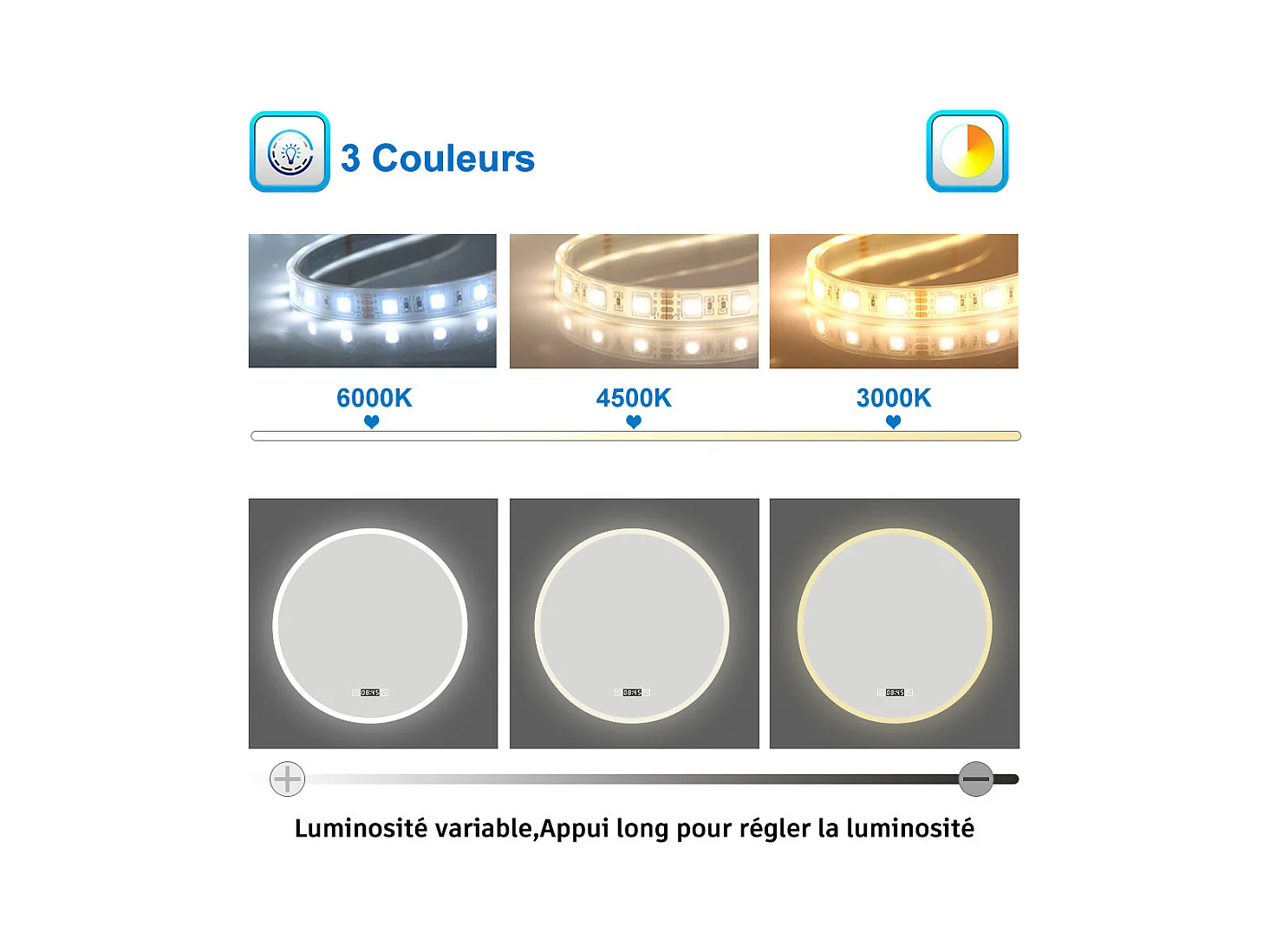 AICA Miroir LED Rond 80cm Tricolore + Dimmable + Horloge + Fonction Mémoire + Anti-Buée