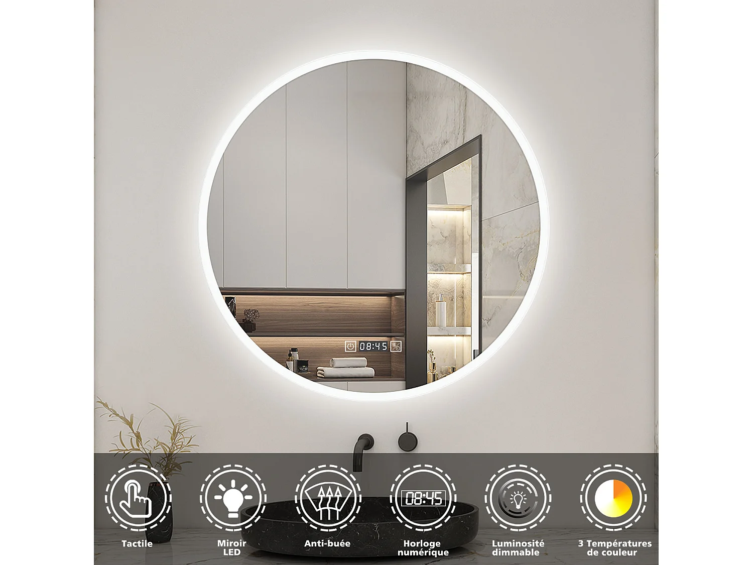 AICA Miroir LED Rond 80cm Tricolore + Dimmable + Horloge + Fonction Mémoire + Anti-Buée