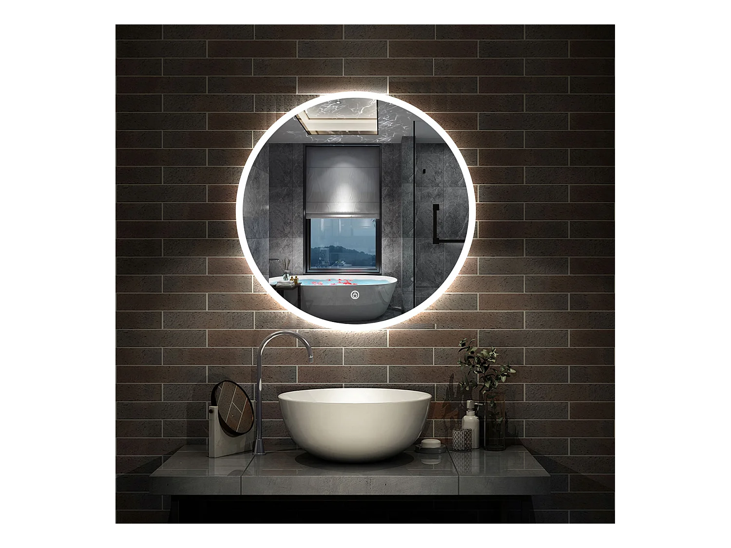 AICA Miroir avec Éclairage Rond 60cm  Anti-buée, Dimmable, Mémoire, Arrêt automatique, IP44 HD Verre Trempé Vertical Miroir-LED
