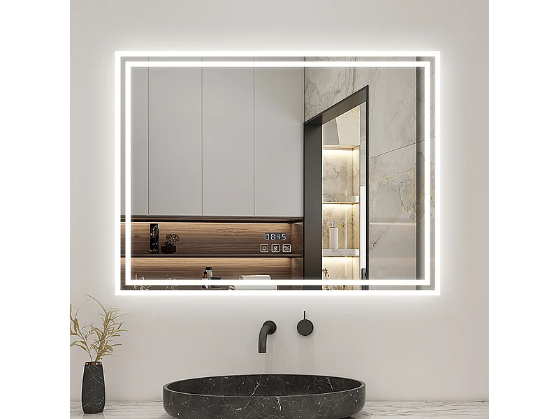 AICA Miroir Bluetooth 80x60cm LED 3 Colours + Dimmable + Horloge + Mémoire + Anti-Buée, IP44 HD Verre Miroir-Mural