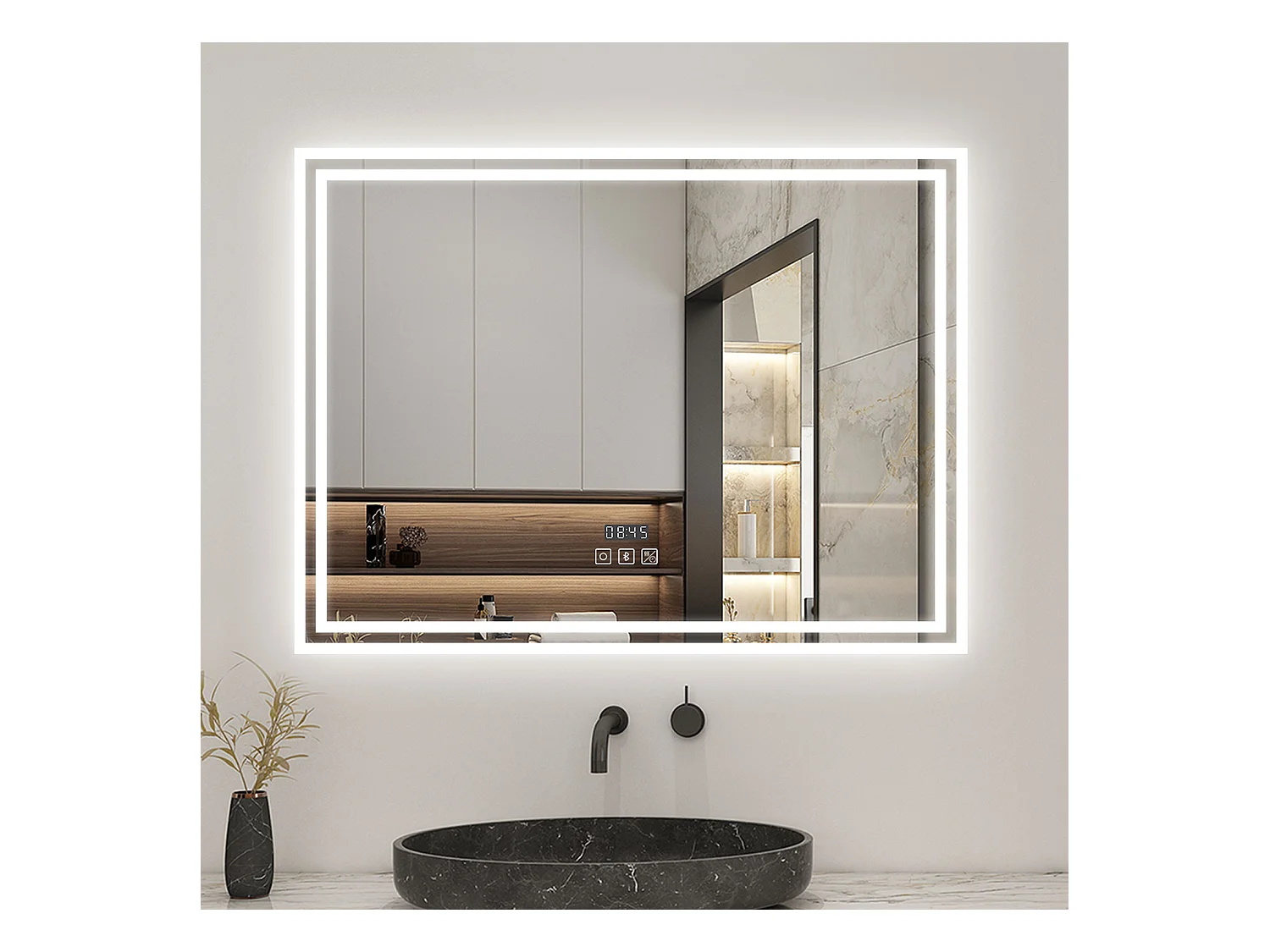 AICA Miroir Bluetooth 80x60cm LED 3 Colours + Dimmable + Horloge + Mémoire + Anti-Buée, IP44 HD Verre Miroir-Mural