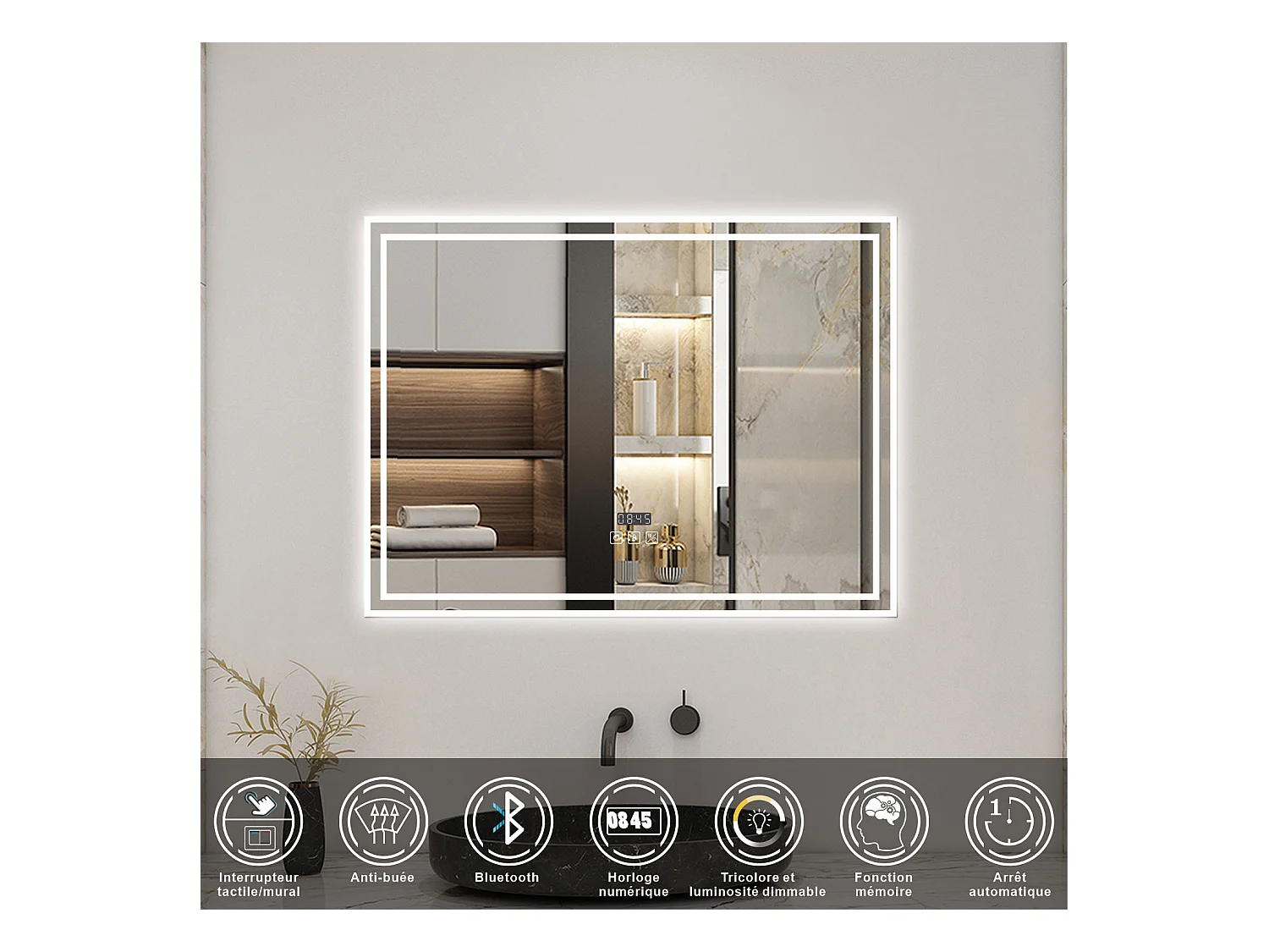 AICA Miroir Bluetooth 80x60cm LED 3 Colours + Dimmable + Horloge + Mémoire + Anti-Buée, IP44 HD Verre Miroir-Mural