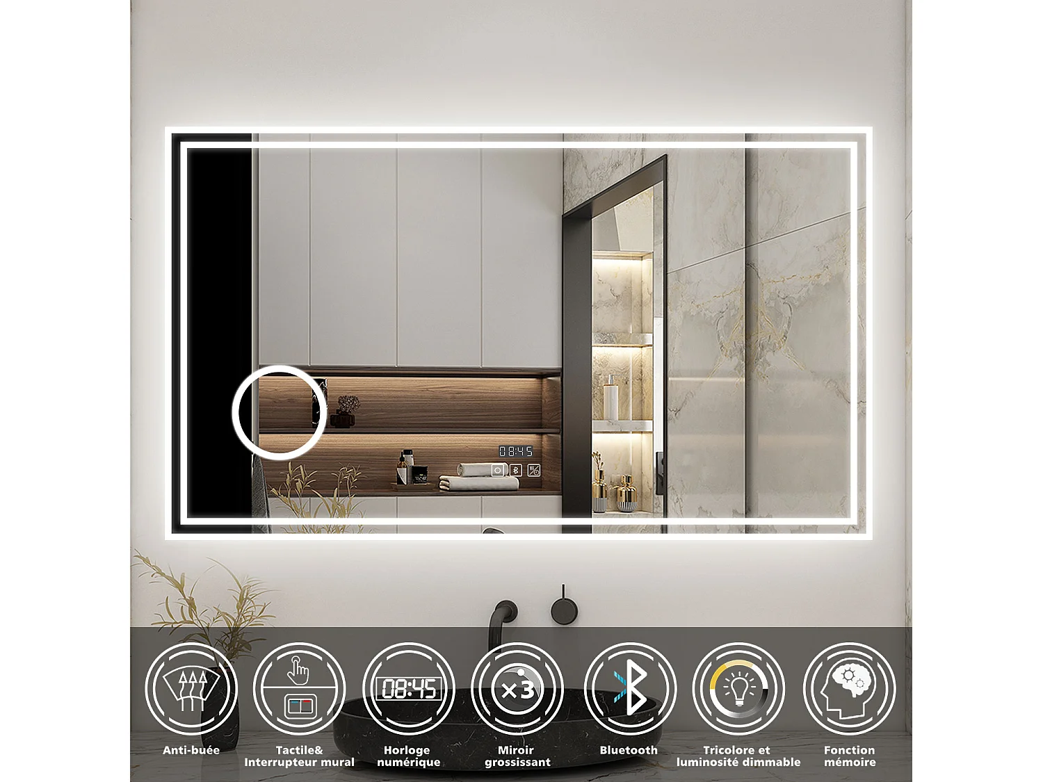 AICA Miroir LED 140x80cm 3 colours + Dimmable + 3x Loupe + Bluetooth + Horloge + Mémoire + Anti-Buée