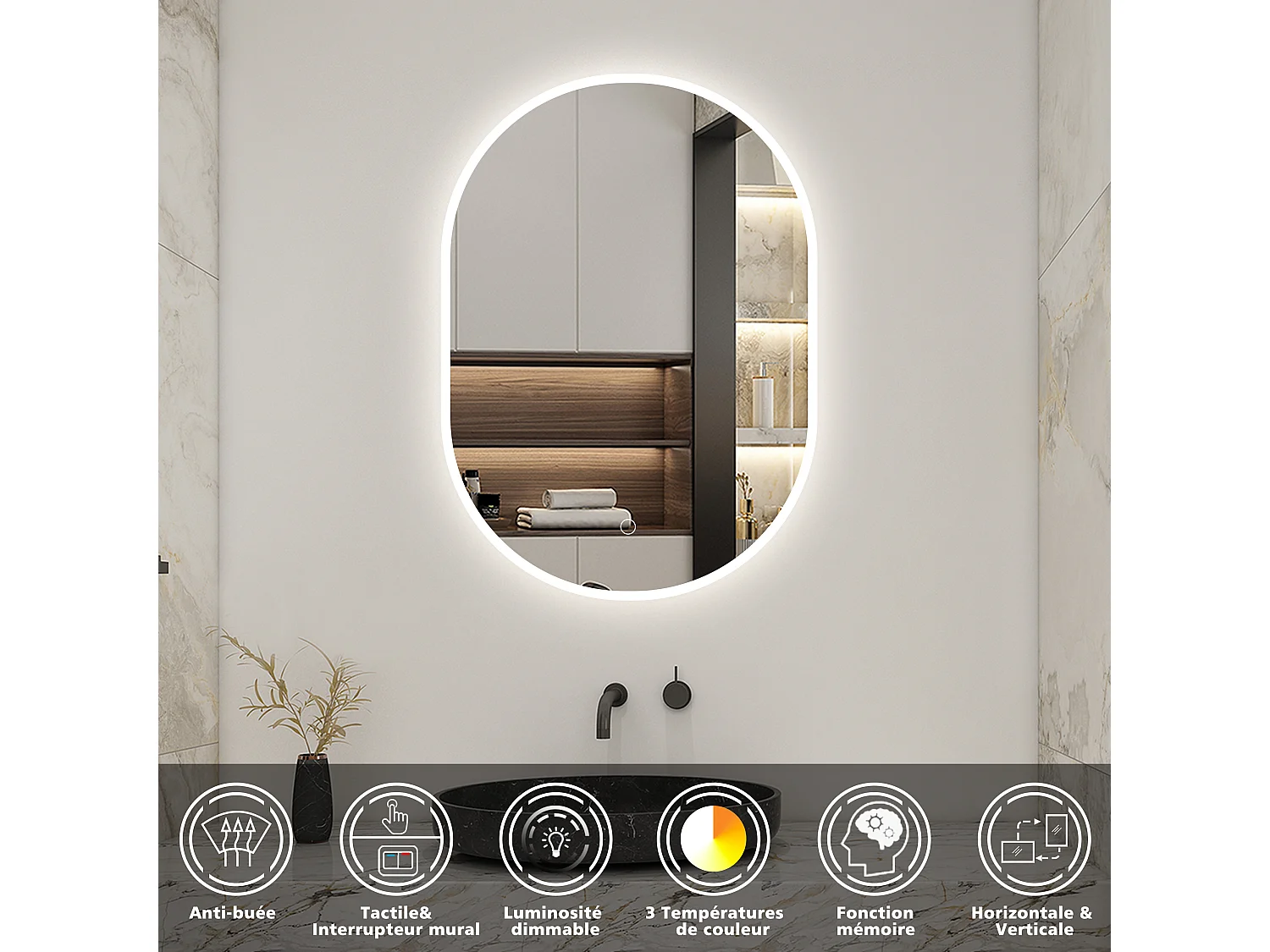 AICA Miroir Ovale LED 45x75cm Tricolore + Dimmable + Mémoire + Anti-Buée, IP44 HD Verre Miroir-Mural