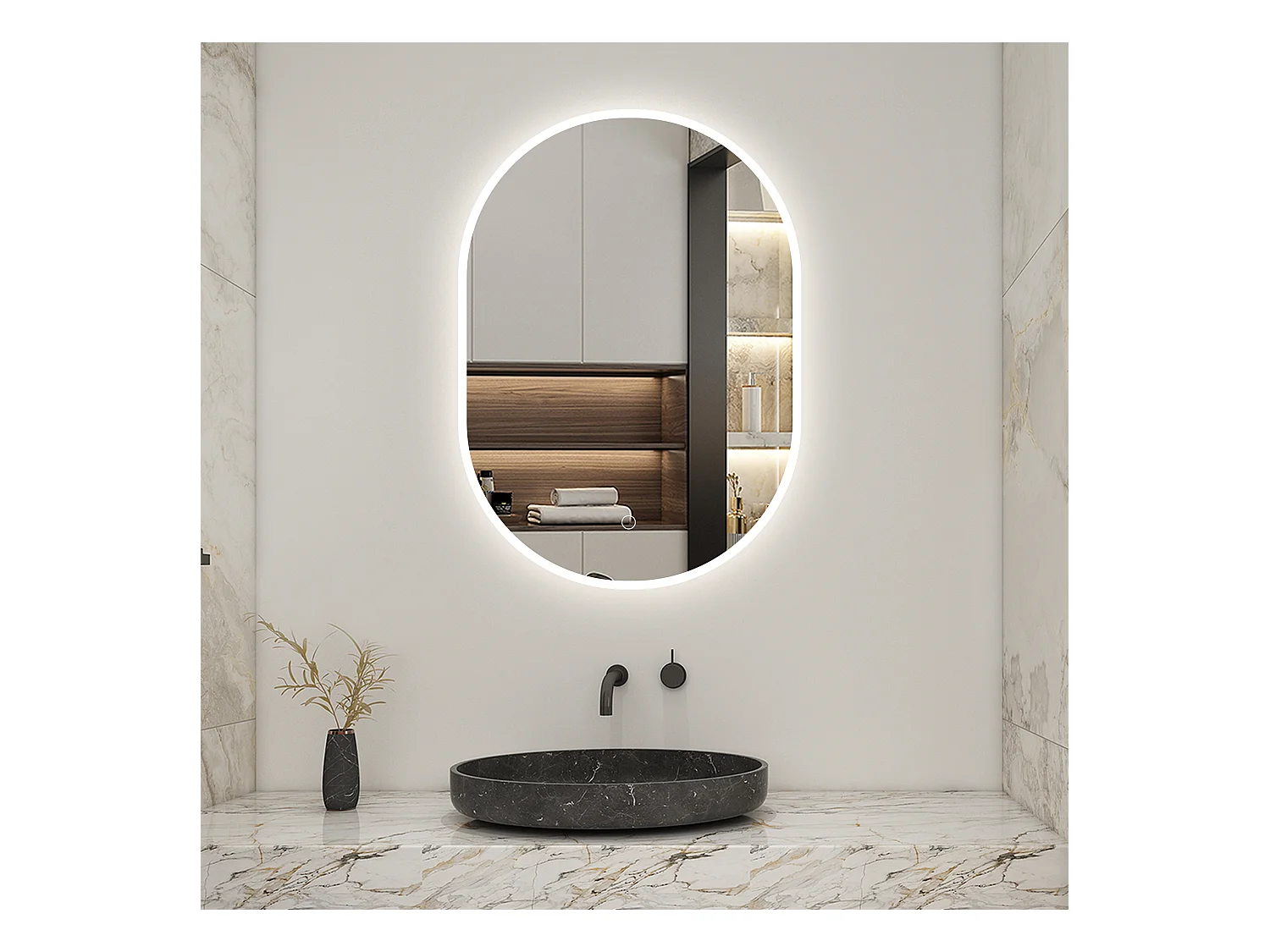 AICA Miroir Ovale LED 45x75cm Tricolore + Dimmable + Mémoire + Anti-Buée, IP44 HD Verre Miroir-Mural