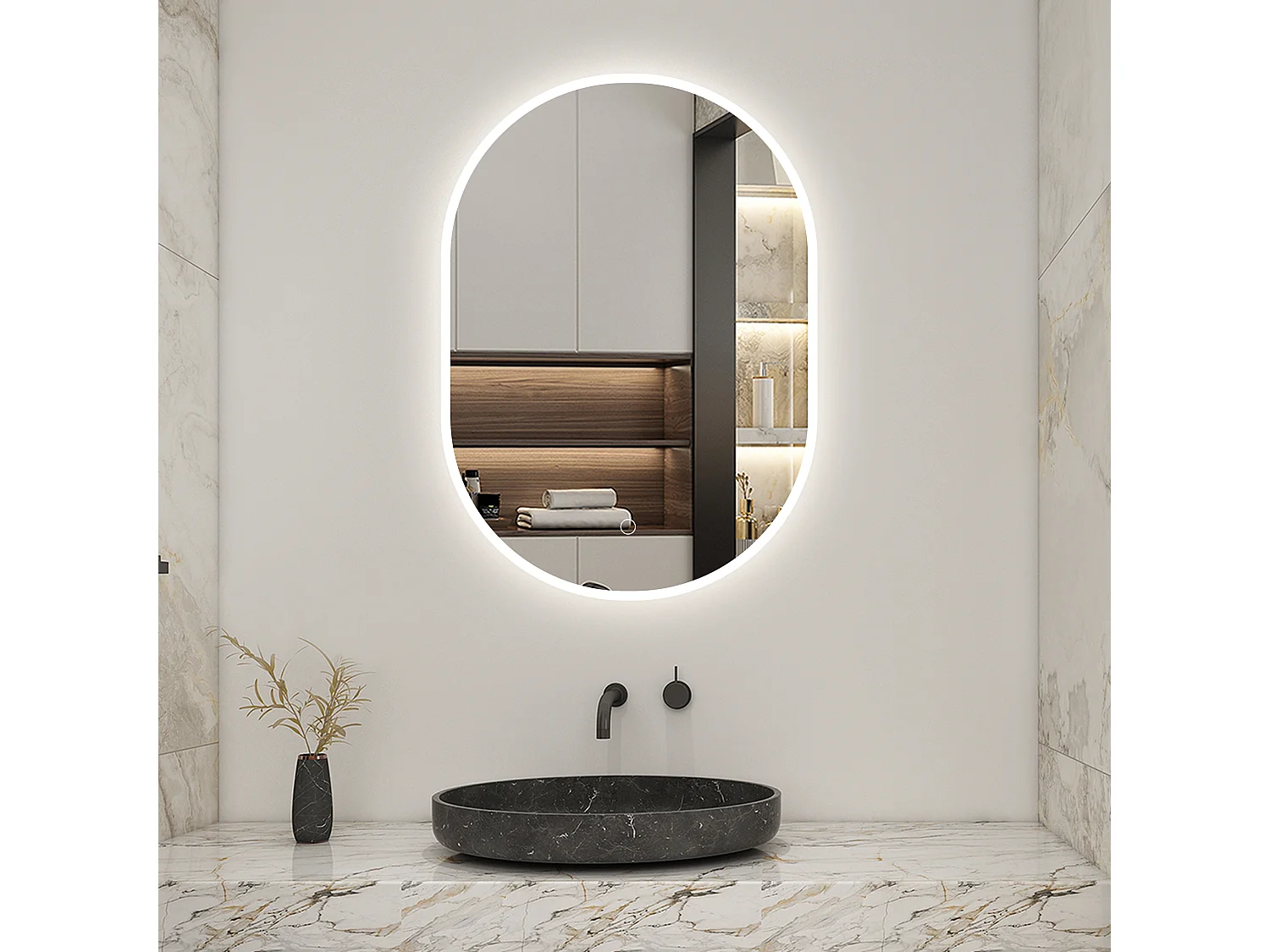 AICA Miroir Ovale LED 45x75cm Tricolore + Dimmable + Mémoire + Anti-Buée, IP44 HD Verre Miroir-Mural