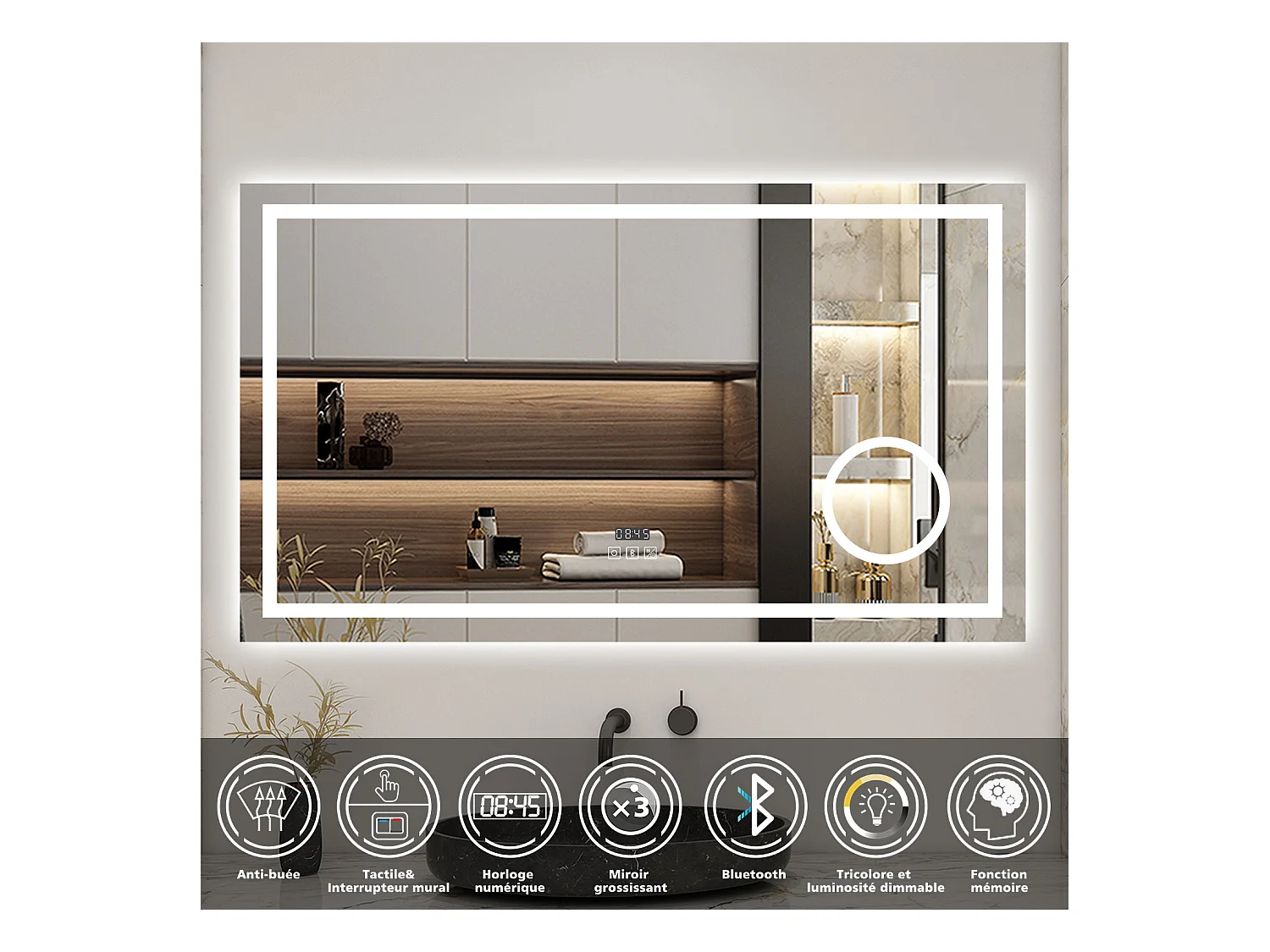 AICA Miroir 140x80cm LED Tricolore + Dimmable + 3x Loupe + Bluetooth + Horloge + Mémoire + Anti-Buée