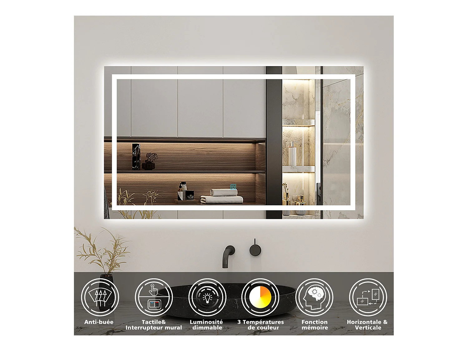 AICA Ensemble de meubles de salle de bain 120cm Chêne Wotan double vasque + miroir lumineux 3 couleurs + dimmable