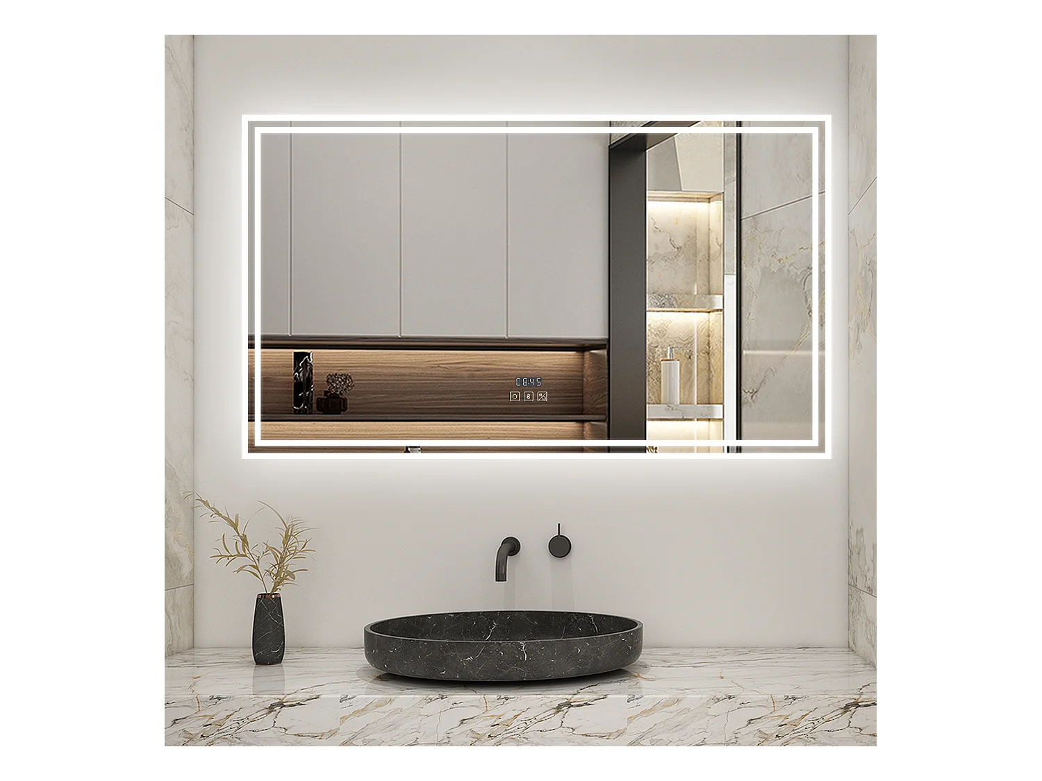 AICA Miroir Bluetooth 120x70cm LED 3 Colours + Dimmable + Horloge + Mémoire + Anti-Buée, IP44 HD Verre Miroir-Mural